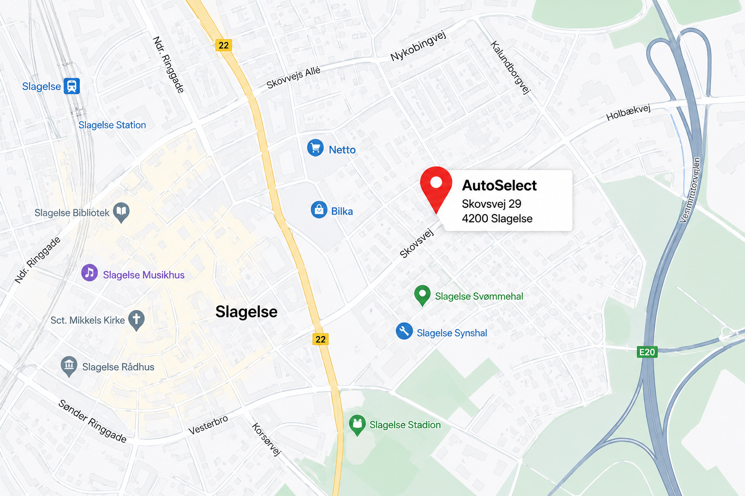 Kort med placeringen af AutoSelect på Skovsvej 29 i Slagelse